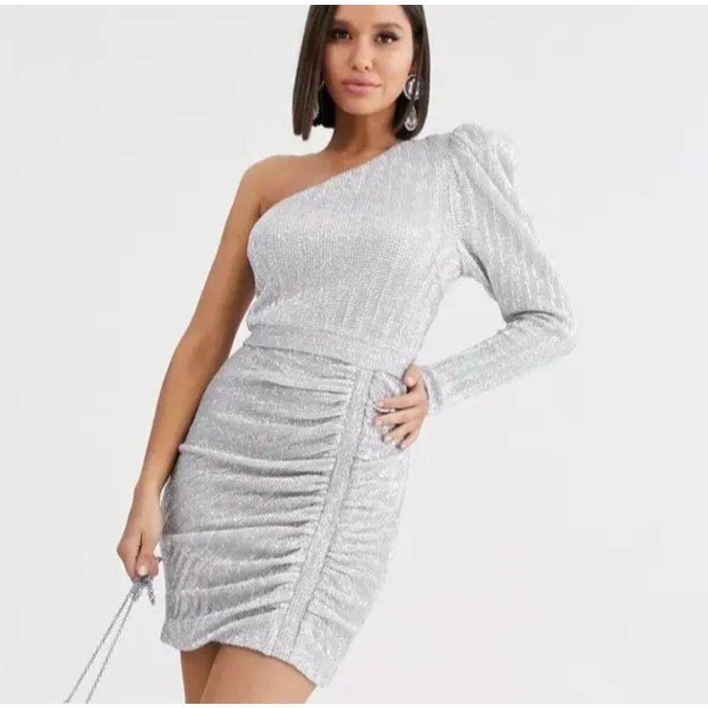 Lavish Alice Sequin One Sleeve Silver Iridescent Holo Cocktail mini Dress Size 4 - Picture 8 of 9